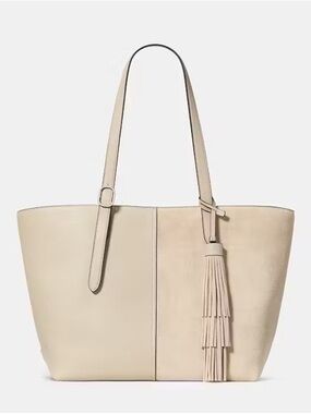 AKate Spade 454 Large Mixed Leather Tote with Suede Fringe Light Sand